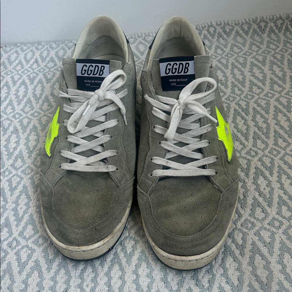 Golden Goose Gray Suede Sneakers with Neon Yellow Star